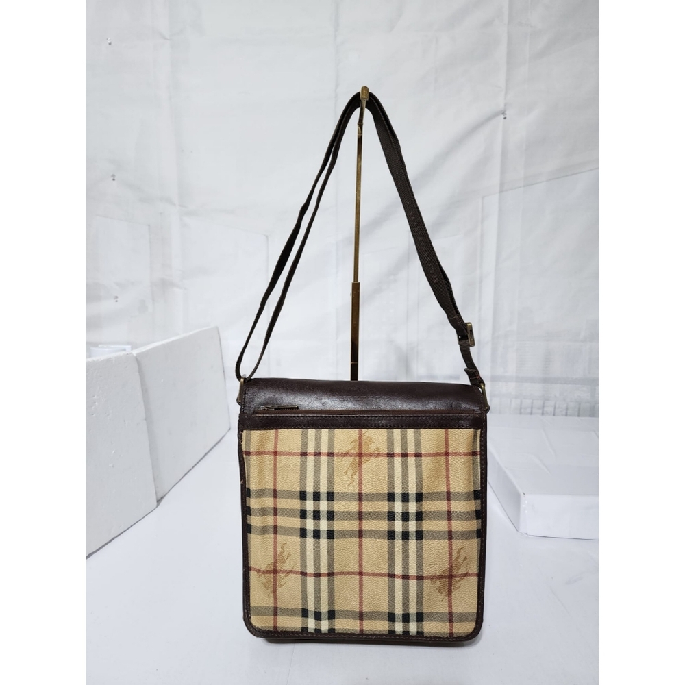 Burberry Haymarket Check Flap Crossbody Bag Brown/ Beige - Picture 3 of 16